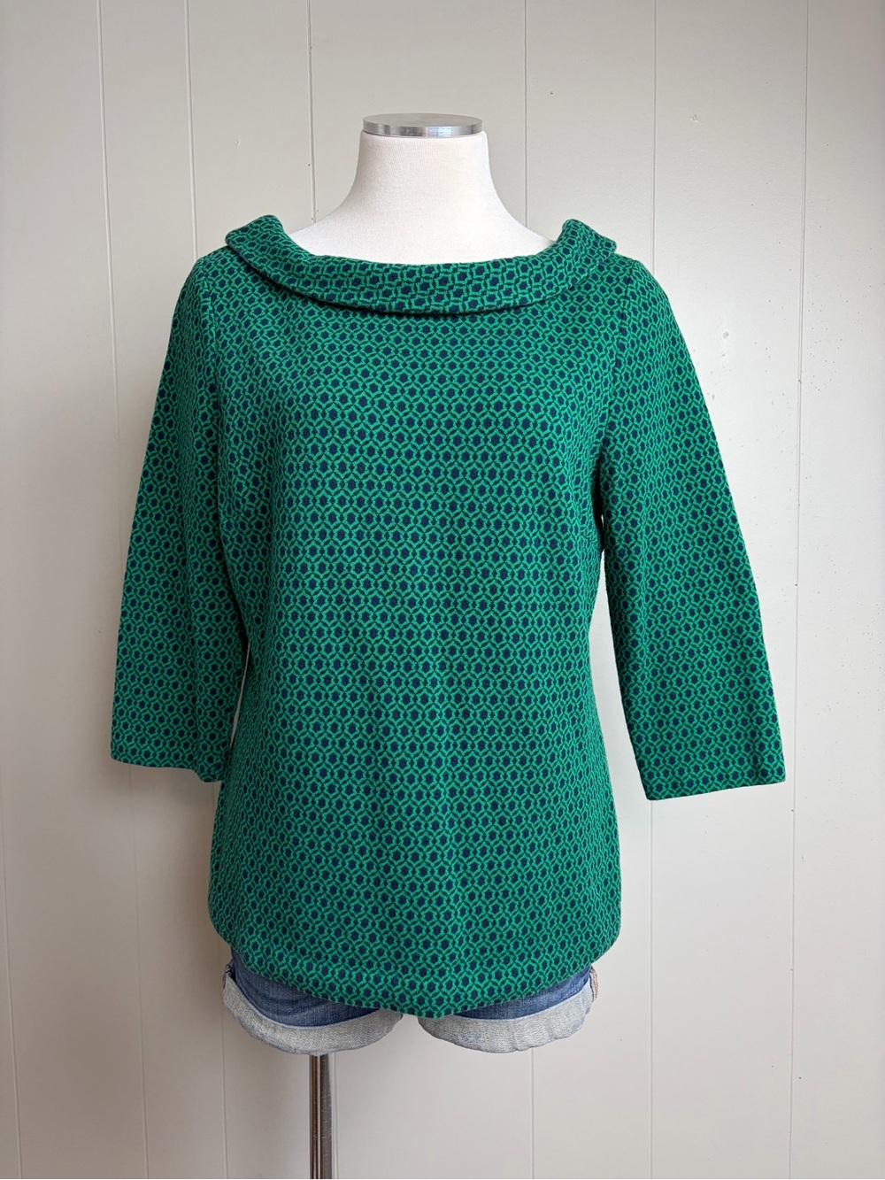 Boden Green Navy Geometric Print Retro Collar Top US 12